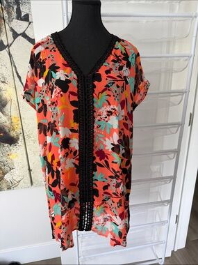 Floral Crochet-Trim V-Neck Tunic Dress - Coral Multi